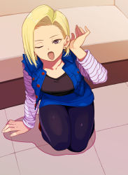 Rule 34 | 1girl, absurdres, android 18, arm support, blonde hair, denim, denim skirt, denim vest, dragon ball, dragonball z, dutch angle, earrings, forehead, highres, hoop earrings, jewelry, kneeling, long sleeves, looking at viewer, one eye closed, pantyhose, purple eyes, rokoido12, shirt, short hair, skirt, solo, striped clothes, striped shirt, tongue, tongue out, white shirt