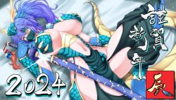 Rule 34 | 1girl, annes (g (genesis1556)), armor, blue eyes, blue hair, breasts, dragon girl, dragon horns, dragon tail, g (genesis1556), hair between eyes, high ponytail, highres, horns, large breasts, long hair, looking at viewer, mask, monster girl, mouth mask, navel, original, ponytail, scale armor, scales, scar, scar across eye, solo, stitches, tail