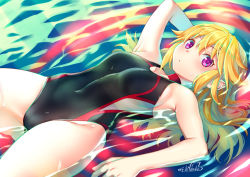 Rule 34 | 1girl, black one-piece swimsuit, blonde hair, competition swimsuit, covered navel, cowboy shot, highleg, highleg swimsuit, long hair, looking at viewer, mitake eil, one-piece swimsuit, original, partially submerged, purple eyes, solo, swimsuit, twitter username, water