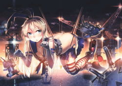 Rule 34 | 10s, 1girl, anchor, ankle boots, ass, blonde hair, blue eyes, boots, breasts, butt crack, chain, cleavage, collarbone, crane (machine), elbow gloves, gloves, grey footwear, hair ribbon, hairband, hanging, hanging wedgie, kantai collection, lens flare, lifebuoy, long hair, looking at viewer, paw pose, personification, rensouhou-chan, repairing, ribbon, shimakaze (kancolle), siqi (miharuu), skirt, solo, striped clothes, striped thighhighs, sunset, suspension, swim ring, tears, thighhighs, torn clothes, torn skirt, water, wedgie, white gloves