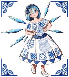 Rule 34 | 1girl, absurdres, blue eyes, blue hair, blue ribbon, bow, cirno, dress, frills, hair bow, highres, ice, ice wings, looking at viewer, mefomefo, mexican dress, ribbon, shirt, short hair, short sleeves, simple background, skirt, smile, solo, spanish commentary, touhou, white background, white dress, white shirt, wings