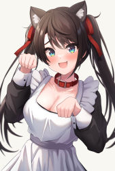 Rule 34 | 1girl, :d, absurdres, alternate costume, animal ear fluff, animal ears, black hair, blue eyes, breasts, cat ears, cleavage, collar, collarbone, enmaided, grey background, hair ribbon, highres, hololive, kemonomimi mode, large breasts, long hair, long sleeves, looking at viewer, maid, oozora subaru, open mouth, paw pose, red collar, red ribbon, ribbon, simple background, smile, solo, suicabar72, twintails, virtual youtuber