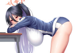 Rule 34 | 1girl, black hair, blue archive, blue buruma, blue jacket, breasts, buruma, gym uniform, hair between eyes, halo, hanging breasts, hasumi (blue archive), hasumi (track) (blue archive), huge breasts, jacket, long hair, looking at viewer, multicolored clothes, multicolored jacket, official alternate costume, red eyes, simple background, solo, thighs, track jacket, two-tone jacket, white background, yuunagi (0217)