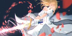 Rule 34 | 1girl, artoria pendragon (fate), bare shoulders, blonde hair, ciciliu, detached sleeves, dress, excalibur (fate/stay night), fate/unlimited codes, fate (series), gloves, glowing, glowing sword, glowing weapon, hair down, long hair, petals, saber (fate), saber lily, solo, swinging, weapon, white dress, white gloves