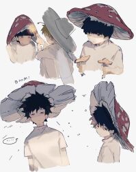 Rule 34 | ..., 2boys, black eyes, black hair, blonde hair, closed mouth, commentary, hat, highres, holding, holding mushroom, kageyama shigeo, looking at another, male focus, masukawagen, mob psycho 100, multiple boys, multiple views, mushroom, mushroom hat, reigen arataka, shirt, short hair, short sleeves, simple background, spoken ellipsis, star (symbol), symbol-only commentary, upper body, white background, white headwear, white shirt, wings