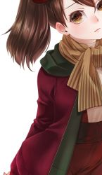 Rule 34 | brown hair, casual, close-up, commentary request, hat, highres, jacket, kantai collection, long hair, looking at viewer, pants, red jacket, red pants, ryuujou (kancolle), scarf, solo, sweater, turtleneck, turtleneck sweater, twintails, uka (kikarosso25), white background, yellow eyes