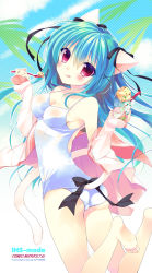 Rule 34 | 1girl, :q, amanagi seiji, animal ears, aqua hair, artist name, ass, bad anatomy, bad id, bad pixiv id, bare legs, barefoot, blush, breasts, cat ears, cat tail, cover, cover page, food, ice cream, impossible clothes, impossible swimsuit, long hair, looking at viewer, one-piece swimsuit, original, red eyes, school swimsuit, small breasts, solo, swimsuit, tail, tongue, tongue out, white school swimsuit, white one-piece swimsuit