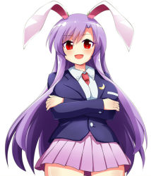 Rule 34 | 1girl, animal ears, bad id, bad pixiv id, banned artist, between breasts, blazer, blouse, blush, breasts, buttons, collared shirt, crescent, crescent pin, jacket, kisaragi zwei, large breasts, light purple hair, long hair, long sleeves, looking at viewer, medium skirt, necktie, necktie between breasts, pink skirt, pleated skirt, purple hair, rabbit ears, red eyes, red necktie, reisen udongein inaba, shirt, skirt, solo, thighs, touhou, very long hair, white shirt