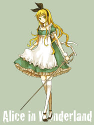 Rule 34 | alice (alice in wonderland), alice in wonderland, apron, bad id, bad pixiv id, blonde hair, buttons, buzz (moi), dress, frills, green eyes, hairband, high heels, shoes, solo, sword, text focus, thighhighs, weapon, wrist cuffs