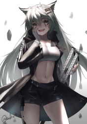 Rule 34 | 1girl, :d, animal ears, arknights, bandeau, black jacket, black nails, black shorts, breasts, commentary, commission, cowboy shot, dhokidoki, fangs, fingerless gloves, gloves, gradient background, grey background, grey eyes, grey gloves, groin, hair between eyes, hair ornament, hairclip, hand on own face, hand up, high collar, highres, jacket, lappland (arknights), large breasts, long hair, long sleeves, looking at viewer, material growth, midriff, nail polish, navel, open clothes, open jacket, open mouth, oripathy lesion (arknights), short shorts, shorts, silver hair, smile, solo, standing, stomach, strapless, sword, thighs, tube top, very long hair, weapon, white background, wide sleeves, wolf ears