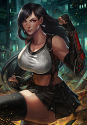 Rule 34 | 1girl, arm guards, black skirt, black thighhighs, breasts, clenched hands, collarbone, earrings, elbow gloves, embers, final fantasy, final fantasy vii, final fantasy vii remake, fingerless gloves, gloves, highres, jewelry, large breasts, long hair, looking at viewer, midriff, miniskirt, navel, red eyes, shirt, skirt, sleeveless, soffa, solo, sports bra, square enix, stomach, suspender skirt, suspenders, tank top, taut clothes, taut shirt, thighhighs, tifa lockhart, toned