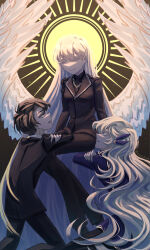 Rule 34 | 1boy, 2girls, angel wings, angelica (project moon), argalia (project moon), arms at sides, black hair, black jacket, black pants, black sweater, blue coat, chain, chain necklace, closed eyes, coat, crossed arms, feathered wings, hair ornament, halo, highres, jacket, jewelry, kneeling, lapels, library of ruina, long hair, looking at another, low wings, multiple girls, necklace, noct2aa, pants, parted lips, project moon, ribbed sweater, roland (project moon), short hair, sitting, smile, straight hair, suit jacket, sweater, tumblr username, turtleneck, turtleneck sweater, very long hair, wavy hair, white hair, white wings, wings
