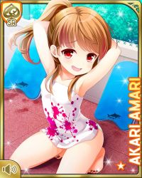 Rule 34 | 1girl, :d, amari akari, arm up, barefoot, brown hair, card, character name, girlfriend (kari), kneeling, nail polish, official art, one-piece swimsuit, open mouth, outdoors, paint, poolside, qp:flapper, red eyes, smile, solo, swimsuit, tagme, towel, white one-piece swimsuit