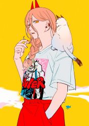 Rule 34 | 1girl, animal, animal on shoulder, braid, cat, cat on shoulder, chainsaw man, earrings, fangs, hair between eyes, hand in pocket, highres, holding, holding hair, horns, jewelry, long hair, looking at viewer, meowy (chainsaw man), ohisama33ohayo3, orange hair, power (chainsaw man), print shirt, red horns, red shorts, scene reference, shirt, shirt tucked in, shorts, simple background, solo focus, white cat, white shirt, yellow background, yellow eyes
