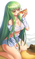 Rule 34 | 1girl, bad id, bad pixiv id, blush, breasts, brown hat, c.c., cheese, cheese-kun, cheese trail, cleavage, code geass, collarbone, collared shirt, commentary, covered erect nipples, eating, english commentary, fingernails, food, green hair, hand up, hat, heart, holding, holding food, holding pizza, jagaimo (kkamja), long hair, long sleeves, looking at viewer, nail polish, naked shirt, no bra, off shoulder, partially unbuttoned, pepperoni, pizza, pizza slice, revealing layer, see-through, shirt, sidelocks, simple background, single bare shoulder, sitting, solo, spoken heart, straddling, straight hair, thighs, tongue, tongue out, unbuttoned, unbuttoned shirt, vegetable, very long hair, white background, white shirt, yellow eyes