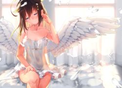 Rule 34 | 1girl, ahoge, alternate costume, angel wings, backlighting, bare arms, bare shoulders, bed sheet, blonde hair, blue eyes, blush, breasts, brown hair, chig, closed mouth, collarbone, dress, feathered wings, feathers, hair flaps, hair ornament, half-closed eyes, hand on own thigh, hand up, kantai collection, looking away, looking down, multicolored hair, shigure (kancolle), shigure kai ni (kancolle), sitting, sleeveless, sleeveless dress, small breasts, smile, solo, strap slip, two-tone hair, white dress, white theme, white wings, window, wings