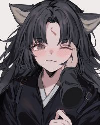 Rule 34 | 1girl, :3, animal ears, aogisa, arknights, black hair, black kimono, blush, breasts, brown eyes, closed mouth, commentary, disembodied hand, dog ears, facial mark, forehead mark, grey background, hand on another&#039;s cheek, hand on another&#039;s face, highres, japanese clothes, kimono, long hair, looking at viewer, medium breasts, one eye closed, parted bangs, portrait, saga (arknights), simple background, smile, solo focus, symbol-only commentary