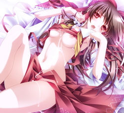 Rule 34 | 1girl, breasts, brown eyes, brown hair, clothes lift, cum, cum on body, cum on breasts, cum on lower body, cum on upper body, detached sleeves, finger to mouth, hakurei reimu, highres, legs, long hair, lying, monety, navel, nipple slip, nipples, no bra, open mouth, red eyes, shirt lift, solo, tears, touhou