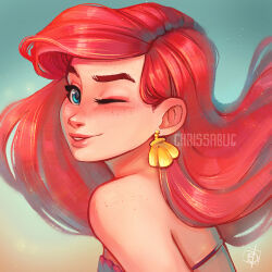 Rule 34 | 1girl, ariel (disney), artist name, blue eyes, blush, chrissabug, earrings, jewelry, long hair, looking at viewer, one eye closed, portrait, red hair, shell, shell earrings, simple background, solo, the little mermaid, watermark