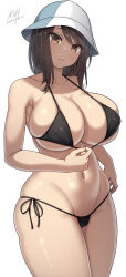 Rule 34 | 1girl, bikini, black bikini, blue hat, breasts, brown eyes, brown hair, cleavage, collarbone, commentary request, cowboy shot, girls und panzer, hat, highres, huge breasts, long hair, micro bikini, mika (girls und panzer), navel, paid reward available, samegami, signature, simple background, solo, standing, swimsuit, two-tone headwear, white background, white hat