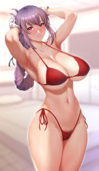 Rule 34 | 1girl, adjusting hair, armpits, arms up, bikini, braid, braided ponytail, breasts, cleavage, collarbone, curvy, fate/grand order, fate (series), female pubic hair, florence nightingale (fate), gloves, highleg, highleg bikini, highres, large breasts, legs together, lips, long hair, looking at viewer, navel, parted lips, pubic hair, pubic hair peek, purple hair, red bikini, red eyes, resolution mismatch, side-tie bikini bottom, single braid, solo, source smaller, standing, stomach, swimsuit, tan, thick thighs, thighs, underboob, undersized clothes, white gloves, zucchini