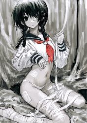 Rule 34 | 1girl, absurdres, bandaged leg, bandages, braid, eyepatch, female focus, greyscale, highres, looking at viewer, low twin braids, monochrome, navel, on bed, original, panties, parted lips, red neckwear, sailor collar, sitting, solo, spot color, torichikushou, twin braids, underwear, wariza