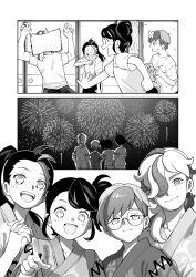 Rule 34 | 1boy, 4girls, absurdres, age difference, alternate hairstyle, arven (pokemon), black hair, blue hair, breasts, brown eyes, brown hair, comic, creatures (company), eyelashes, fingernails, fireworks, flat chest, freckles, friends, game freak, glasses, hair over one eye, hands up, happy, height difference, highres, index finger raised, japanese clothes, jinbei (clothes), juliana (pokemon), legs, long hair, looking at viewer, matching hair/eyes, medium breasts, monochrome, multicolored hair, multiple girls, neck, nemona (pokemon), nintendo, official alternate costume, open mouth, own hands together, penny (pokemon), pointing, pokemon, pokemon sv, ponytail, red hair, sakake asobi, short hair, short sleeves, side ponytail, sidelocks, smile, standing, summer, summer festival, swept bangs, traditional clothes, two-tone hair