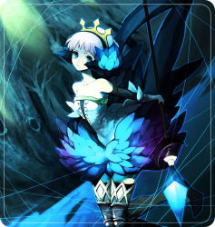 Rule 34 | 1girl, aqua theme, armor, armored dress, bad id, bad pixiv id, crown, dress, gloves, gwendolyn (odin sphere), ky (artist), no choker, odin sphere, polearm, solo, spear, strapless, strapless dress, thighhighs, weapon, white hair, wings