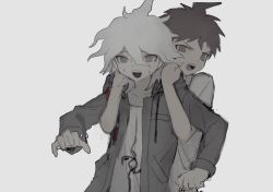 Rule 34 | 2boys, :d, collarbone, commentary request, crazy eyes, danganronpa (series), danganronpa 2: goodbye despair, denri, grey background, greyscale, highres, hinata hajime, holding person, jacket, komaeda nagito, long sleeves, looking at viewer, male focus, messy hair, monochrome, multiple boys, open clothes, open jacket, open mouth, print shirt, shirt, short hair, simple background, sketch, smile, upper body