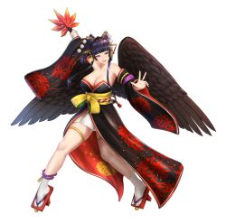 Rule 34 | 1girl, bare shoulders, bird wings, black hat, black kimono, black wings, blunt bangs, breasts, cleavage, collarbone, commentary request, dead or alive, detached sleeves, feathered wings, female focus, floral print, full body, geta, hair ornament, hair stick, hair tubes, hand fan, hat, highres, holding, holding weapon, japanese clothes, jewelry, kimono, kurone rinka, large breasts, mini hat, mole, mole under mouth, nyotengu, obi, obijime, off shoulder, open mouth, pom pom (clothes), pom pom hair ornament, purple eyes, purple hair, ring, sash, sidelocks, simple background, skirt, smile, solo, tabi, tassel, tassel hair ornament, tecmo, tengu-geta, thigh strap, thighs, tokin hat, two-sided fabric, underskirt, weapon, white background, white legwear, white skirt, wide sleeves, wings, yellow sash