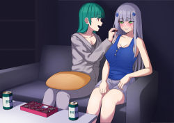 Rule 34 | 2girls, alternate costume, beer can, blush, box, box of chocolates, breasts, can, chocolate, cleavage, closed eyes, couch, cushion, drink can, eyes visible through hair, feeding, g28 (girls&#039; frontline), girls&#039; frontline, green eyes, green hair, hk416 (girls&#039; frontline), krs (karasu), large breasts, multiple girls, red eyes, siblings, silver hair, sisters, sweatdrop