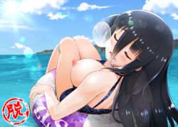 Rule 34 | 10s, 1girl, bare shoulders, bikini, black hair, blush, breasts, breasts out, cleavage, closed eyes, day, drooling, eyes visible through hair, female focus, from behind, hair between eyes, hair over one eye, halterneck, horizon, large breasts, lens flare, long hair, looking at viewer, lying, nature, nipples, nose bubble, ocean, on back, one-piece swimsuit, open mouth, outdoors, purple bikini, red eyes, saliva, sky, sleeping, solo, sun, swimsuit, urai tami, very long hair, water, yamada tae, zombie land saga