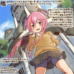 Rule 34 | 10s, 1girl, 2016, :d, alternate costume, bike shorts, black skirt, braid, brown shirt, commentary request, dated, headgear, kantai collection, kirisawa juuzou, long hair, long sleeves, nenohi (kancolle), numbered, open mouth, pink hair, purple eyes, shirt, skirt, smile, solo, traditional media, translation request, twin braids, twitter username