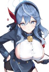 Rule 34 | 1girl, absurdres, ako (blue archive), anger vein, bell, black hairband, black skirt, blue archive, blue eyes, blue gloves, blue hair, breasts, clipboard, collar, cowbell, earrings, gloves, hairband, halo, hand on own hip, highres, holding, holding clipboard, jewelry, large breasts, looking at viewer, miniskirt, mono (mo n mno), pout, short hair, sideboob, skirt, solo, stud earrings