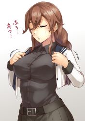 Rule 34 | 1girl, abo (hechouchou), belt, black sailor collar, black shirt, black skirt, blush, braid, breasts, brown hair, closed eyes, dress shirt, gradient background, grey background, highres, hot, kantai collection, large breasts, long sleeves, no gloves, noshiro (kancolle), open clothes, open mouth, open shirt, sailor collar, sailor shirt, shirt, simple background, skirt, solo, sweat, swept bangs, twin braids, white background