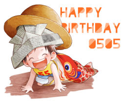 Rule 34 | 1boy, ^ ^, aged down, brown hair, child, closed eyes, english text, happy, happy birthday, hat, kodomo no hi, koinobori, male focus, monkey d. luffy, one piece, paper hat, paper kabuto, short hair, shorts, simple background, smile, solo, stacked hats, straw hat, szk (szkintama), tank top, toddler, windsock, yellow tank top