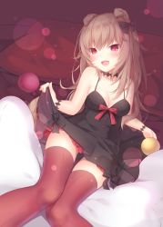 Rule 34 | 1girl, amashiro natsuki, animal ears, bare shoulders, bed sheet, black bow, black bowtie, black dress, black panties, bow, bowtie, brown hair, brown thighhighs, buttons, camisole, choker, collarbone, dog ears, dog girl, dog tail, dress, highres, lifted by self, long hair, looking at viewer, on bed, open mouth, original, panties, red bow, red bowtie, red eyes, short dress, skirt hold, sleeveless, sleeveless dress, slit pupils, smile, solo, tail, teeth, thighhighs, underwear, upper teeth only