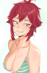 Rule 34 | 1girl, aizawa tomo, bikini, blush, breasts, closed mouth, collarbone, commentary, double-parted bangs, english commentary, fang, green bikini, highres, looking to the side, medium breasts, mixed-language commentary, nokaa aru, red eyes, red hair, short hair, simple background, smile, solo, string bikini, striped bikini, striped clothes, swimsuit, tomboy, tomo-chan wa onna no ko, upper body, white background