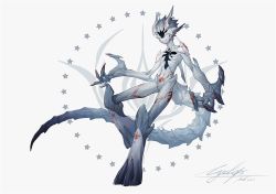 Rule 34 | 1boy, arsh (thestarwish), claws, closed mouth, completely nude, full body, grey hair, horns, male focus, monster boy, multiple horns, no eyes, nude, original, oversized limbs, short hair, signature, solo, standing, standing on one leg, tail, white background