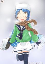 Rule 34 | 10s, 1girl, :d, bag, blue hair, blush, brown scarf, cardigan, commentary request, closed eyes, fur hat, gloves, gradient hair, hat, highres, holding, holding bag, kantai collection, long hair, long sleeves, mae (maesanpicture), multicolored hair, neckerchief, numbered, open mouth, samidare (kancolle), scarf, school uniform, serafuku, skirt, smile, snow, solo, standing, standing on one leg, sweater, thighhighs, twitter username, very long hair
