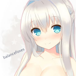 Rule 34 | 1girl, artist name, bad id, bad pixiv id, bare shoulders, blue eyes, blush, breasts, cleavage, collarbone, female focus, grey background, long hair, looking at viewer, original, out-of-frame censoring, revision, silver hair, simple background, smile, solo, tenpyou no kitsune, topless frame, upper body