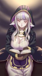 Rule 34 | 1girl, absurdres, animal ears, artist name, book, breasts, brown gloves, cleavage, commission, cosplay, fire emblem, fire emblem awakening, fire emblem fates, gloves, grey hair, highres, holding, holding book, hood, hood up, large breasts, lialiar1, long hair, long sleeves, multicolored hair, nintendo, open book, parted lips, purple hair, robe, robin (female) (fire emblem), robin (fire emblem), solo, streaked hair, velouria (fire emblem), wolf ears