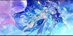 2girls absurdres armlet bare_legs barefoot blue_hair blue_skin blue_theme blue_veil breasts bubble colored_eyelashes colored_skin commentary_request dress flying hand_up highres jewelry large_breasts legs long_hair looking_at_another lorelei_(wuthering_waves) monster_girl multiple_girls purple_eyes shorekeeper_(wuthering_waves) sleeveless sleeveless_dress swd3e2 veil white_dress white_veil wuthering_waves