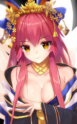 Rule 34 | 10s, 1girl, alternate hairstyle, animal ears, bare shoulders, bell, blue kimono, blush, breasts, cleavage, closed mouth, collarbone, detached collar, eyelashes, fate/extra, fate (series), fingernails, fox ears, fox tail, hair bell, hair between eyes, hair down, hair ornament, hand up, japanese clothes, kimono, kyoukai33, large breasts, long fingernails, long hair, long sleeves, looking at viewer, nail polish, off shoulder, official alternate costume, pink hair, pink nails, sidelocks, smile, solo, tail, tamamo no mae (fate/extra), tamamo no mae (third ascension) (fate), upper body, wide sleeves, yellow eyes