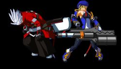 Rule 34 | 1boy, 1girl, animated, animated gif, arc system works, beret, blazblue, blonde hair, gun, hat, noel vermillion, pixel art, ragna the bloodedge, sexually suggestive, simple background, weapon, white hair