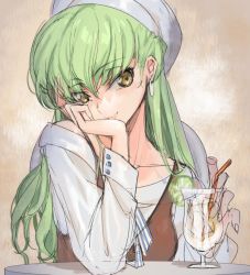 Rule 34 | 1girl, c.c., closed mouth, code geass, collarbone, creayus, cup, drinking glass, drinking straw, earrings, green hair, head rest, jewelry, long hair, long sleeves, looking at viewer, off-shoulder shirt, off shoulder, shirt, sketch, smile, solo, upper body, white headwear, white shirt, yellow eyes