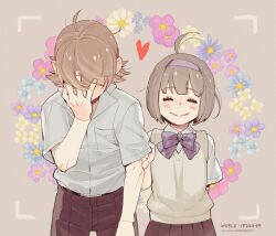 Rule 34 | 1boy, 1girl, ahoge, amatori chika, blush, bow, bowtie, brown hair, brown pants, brown skirt, clothes grab, collared shirt, copyright name, covering face, cowboy shot, dated, ear blush, ema yuzuru, embarrassed, facing viewer, floral background, full-face blush, grey hair, grey shirt, hairband, hand on own face, hand up, heart, hetero, pants, pleated skirt, purple bow, purple bowtie, school uniform, shirogane750, shirt, short hair, short sleeves, skirt, sweater vest, taking picture, twitter username, viewfinder, white shirt, world trigger