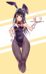 Rule 34 | 10s, 1girl, 3:, animal ears, artist name, bad id, bad twitter id, black hair, black leotard, black pantyhose, blush, breasts, closed mouth, cropped legs, cup, drinking glass, fake animal ears, fuyuno kamome, gluteal fold, green eyes, highres, holding, holding tray, idolmaster, idolmaster cinderella girls, leotard, long hair, looking at viewer, pantyhose, playboy bunny, purple hair, rabbit ears, shibuya rin, signature, simple background, small breasts, solo, strapless, strapless leotard, thick thighs, thighs, tray, two-tone background, white background, wide hips, yellow background