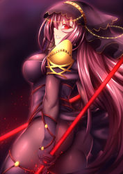 Rule 34 | 1girl, :d, ass, black hair, black pantyhose, blood, blood splatter, bodysuit, fate/grand order, fate (series), fi-san, headwear request, highres, holding, long hair, looking at viewer, looking back, open mouth, pantyhose, parted lips, polearm, red eyes, scathach (fate), simple background, skin tight, smile, solo, weapon