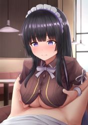 Rule 34 | 1boy, 1girl, absurdres, bang dream!, black hair, blunt bangs, blurry, blurry background, blush, bow, bowtie, breasts, breasts squeezed together, brown shirt, buttons, closed mouth, collared shirt, commentary request, commission, dress shirt, frilled sleeves, frills, heavy breathing, hetero, highres, indoors, lamp, large breasts, long hair, looking at another, maid headdress, nose blush, paizuri, paizuri under clothes, partially unbuttoned, pixiv commission, purple eyes, restaurant, ribbon, shirokane rinko, shirt, short sleeves, sidelocks, solo focus, striped clothes, striped shirt, sweat, table, underboob, vertical-striped clothes, vertical-striped shirt, waitress, warubo, wavy mouth, white bow, white neckwear, white ribbon, white shirt, window, wrist cuffs